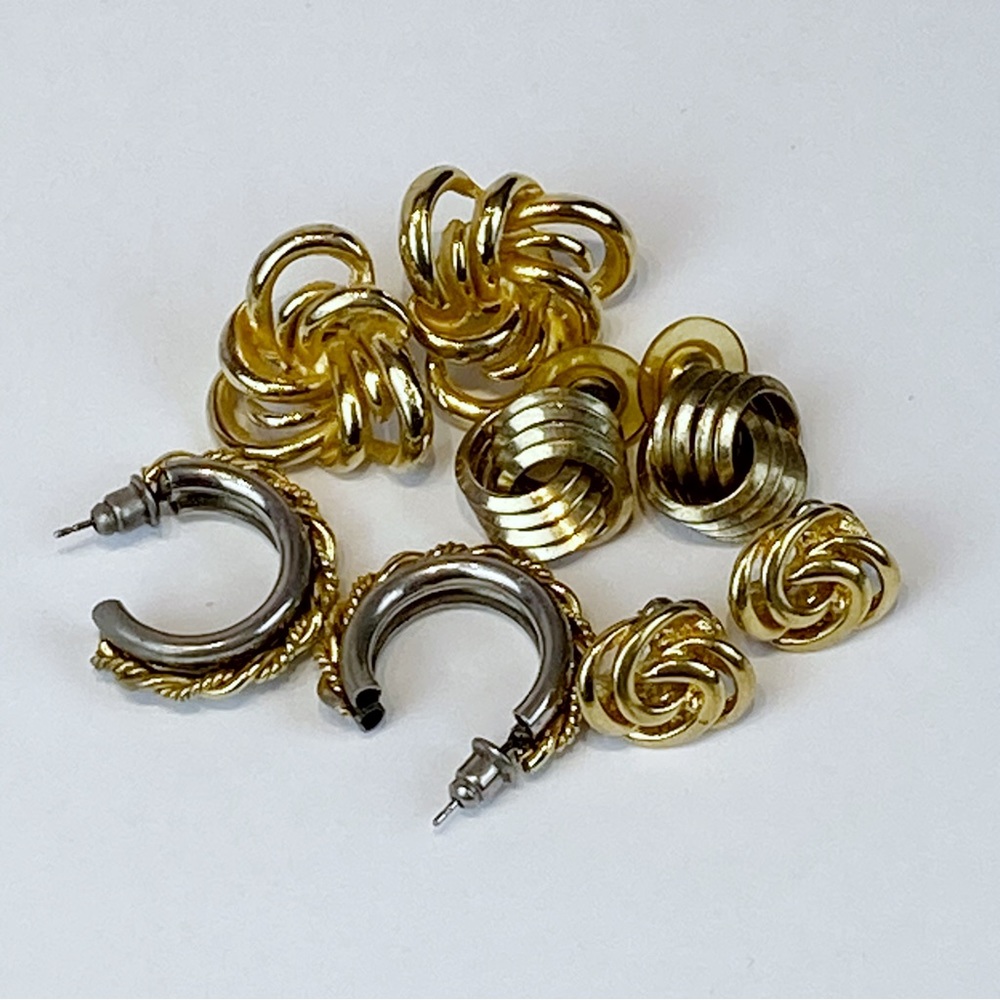 Mid-century Gold Tone Flower love knot Stud two tone hoop Earrings Stud lot of 4